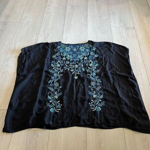 Embroidered Black Women's Top with Blue Floral Detail